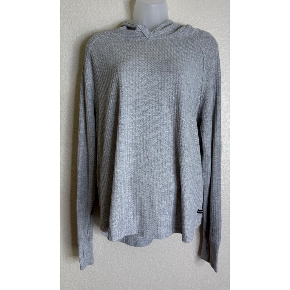 Calvin Klein Womens Large Hoodie Gray Waffle Knit Thumbhole Raglan Top Lounge